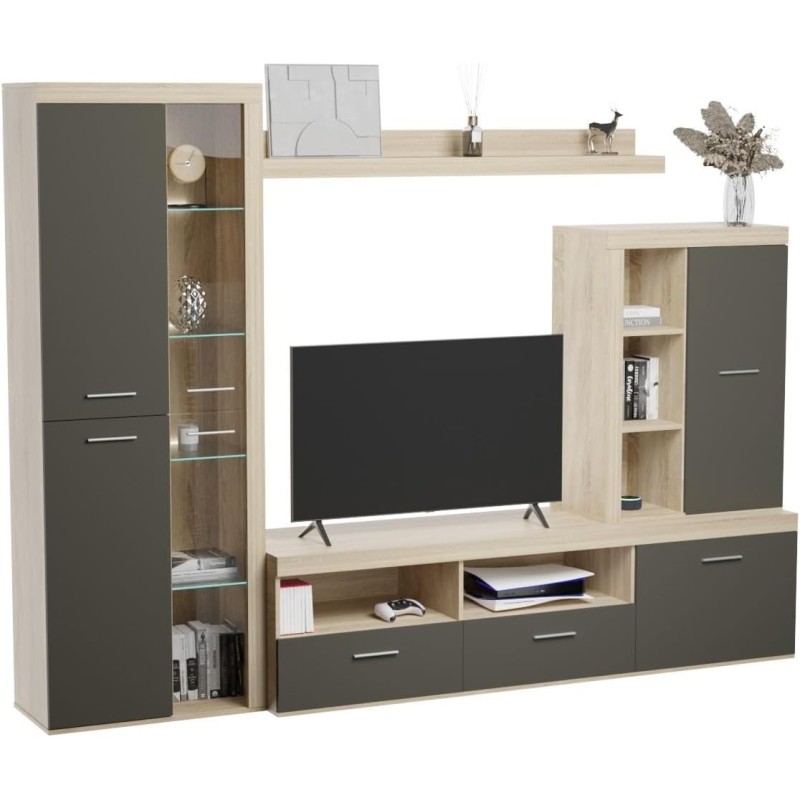 Mueble de Salón Moderno con Leds, Acabado en Cambria - Grafito, Medidas: 260 cm (An) x 191 cm (Al) 47,5 cm (Fon) Meyvaser