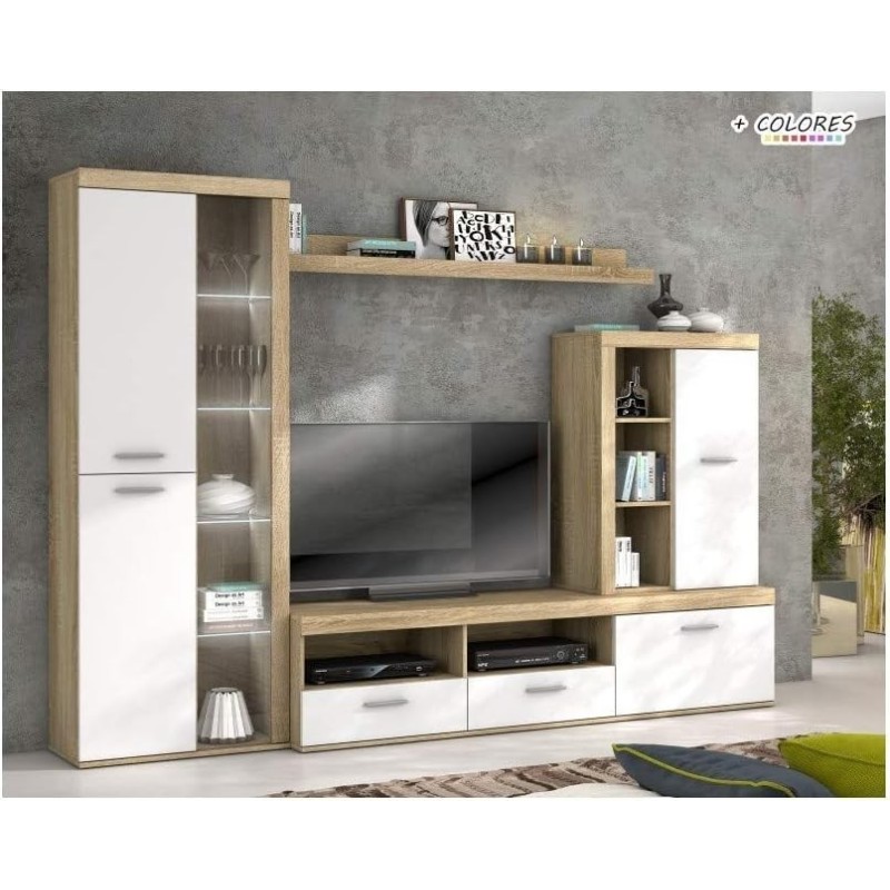 Mueble de Salón Moderno con Leds, Acabado en Cambria - Blanco, Medidas: 260 cm (An) x 191 cm (Al) 47,5 cm (Fo) Meyvaser