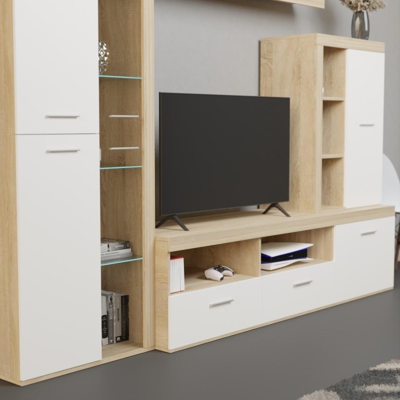 Mueble de Salón Moderno con Leds, Acabado en Cambria - Blanco, Medidas: 260 cm (An) x 191 cm (Al) 47,5 cm (Fo) Meyvaser