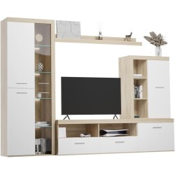 Mueble de Salón Moderno con Leds, Acabado en Cambria - Blanco, Medidas: 260 cm (An) x 191 cm (Al) 47,5 cm (Fo) Meyvaser