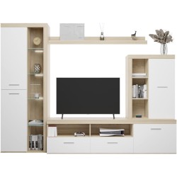 Mueble de Salón Moderno con Leds, Acabado en Cambria - Blanco, Medidas: 260 cm (An) x 191 cm (Al) 47,5 cm (Fo) Meyvaser