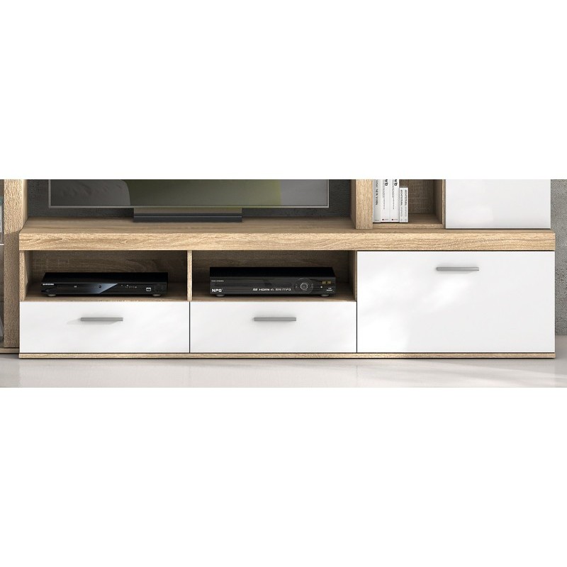 Mueble de Salón Moderno con Leds, Acabado en Cambria - Blanco, Medidas: 260 cm (An) x 191 cm (Al) 47,5 cm (Fo) Meyvaser