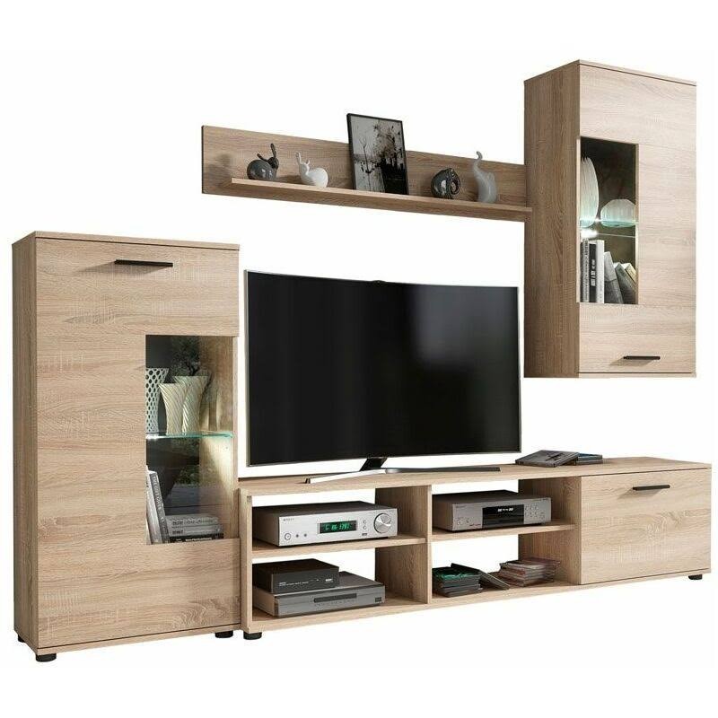 Mueble de Salón Moderno con Leds, Acabado en Cambria, Medidas: 229 cm (An) x 200 cm (Al) 38 cm (Fon) - Meyvaser