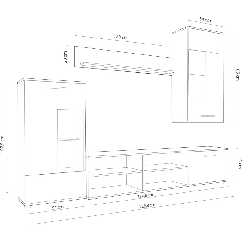 Mueble de Salón Moderno con Leds, Acabado en Cambria, Medidas: 229 cm (An) x 200 cm (Al) 38 cm (Fon) - Meyvaser