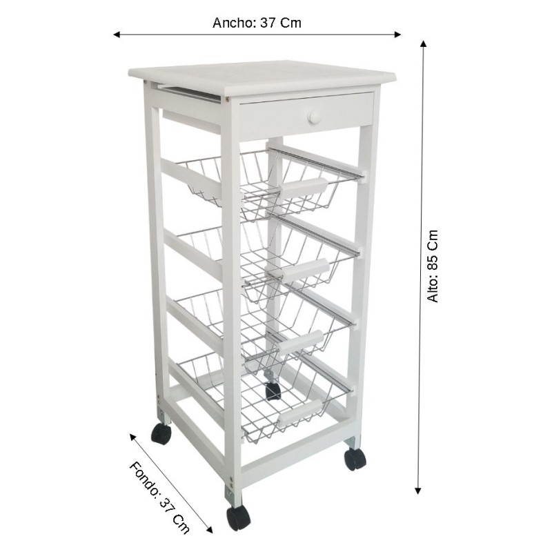 Verdulero Frutero de Cocina 4 Cestas y Cajón 37x37x85 Blanco