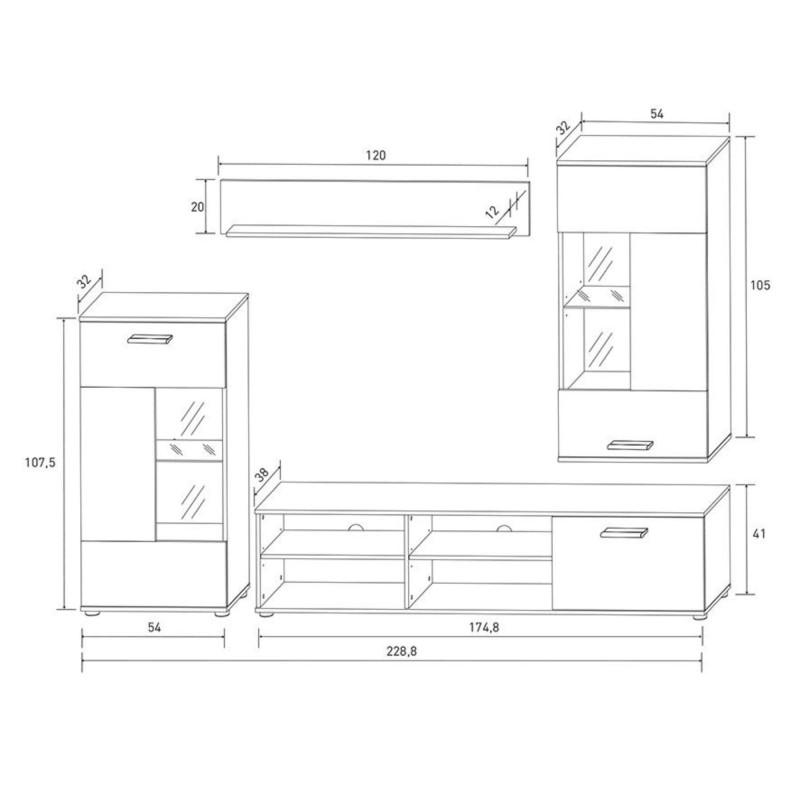 Mueble de Salón Moderno con Leds, Acabado en Andersen, Medidas: 229 cm (An) x 200 cm (Al) 38 cm (Fon) - Meyvaser