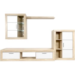 Meyvaser Mueble de salón y TV Moderno con Leds Color Cambria y Blanco Módulo de Comedor 259 Cm