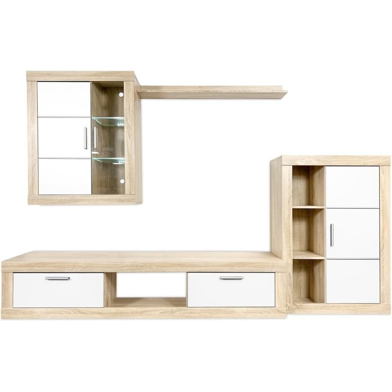 Meyvaser Mueble de salón y TV Moderno con Leds Color Cambria y Blanco Módulo de Comedor 259 Cm