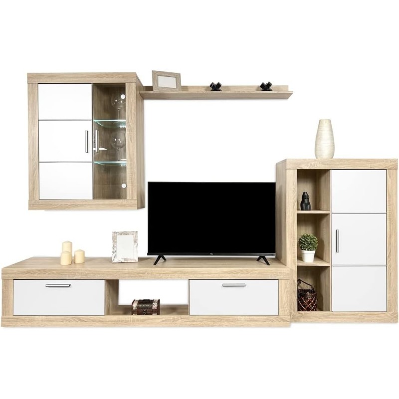 Meyvaser Mueble de salón y TV Moderno con Leds Color Cambria y Blanco Módulo de Comedor 259 Cm