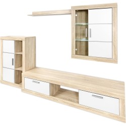 Meyvaser Mueble de salón y TV Moderno con Leds Color Cambria y Blanco Módulo de Comedor 259 Cm
