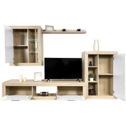 Meyvaser Mueble de salón y TV Moderno con Leds Color Cambria y Blanco Módulo de Comedor 259 Cm