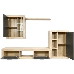 Meyvaser Mueble de salón y TV Moderno con Leds Color Cambria y Grafito Módulo de Comedor 259 Cm