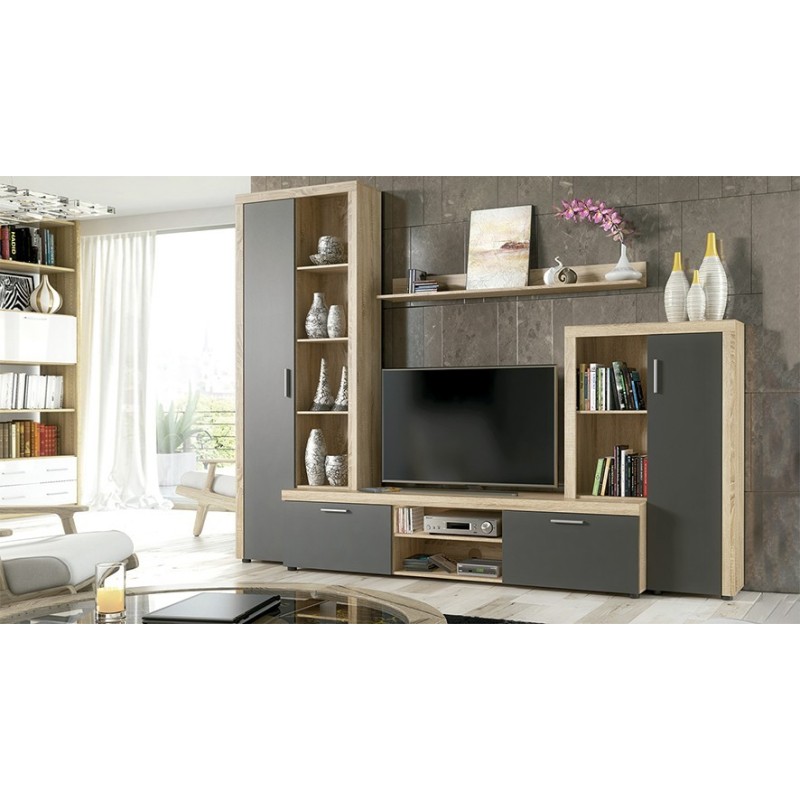 Meyvaser Mueble de salón y TV Composición de salón grande 263 Cm Cambrian- Grafito en madera de gran calidad