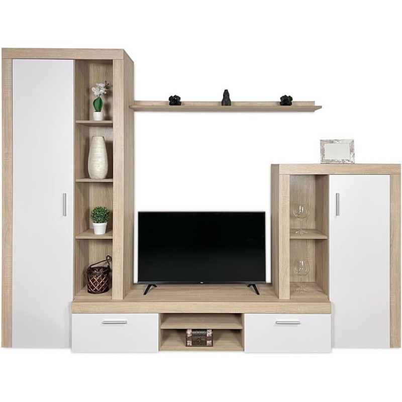 Meyvaser Mueble de salón y TV Composición de salón grande 263 Cm Cambrian-Blanco en madera de gran calidad