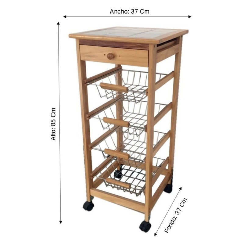 Carrito Verdulero Frutero Cocina 4 cestas y Cajon cubertero 2 miel