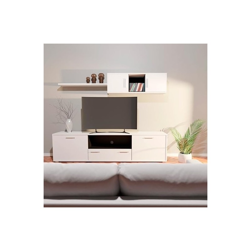 Meyvaser Mueble de salón y TV Composición para salón 200 Cm Color Blanco Gran Espacio Almacenamiento