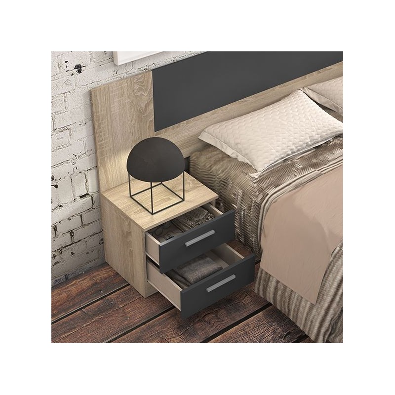 Cabezal + Dos Mesitas de Noche, Acabado en Cambrian y Grafito, Medidas: 247 cm (An) x 50 cm (Al) x 35 cm (Fon) - Meyvaser