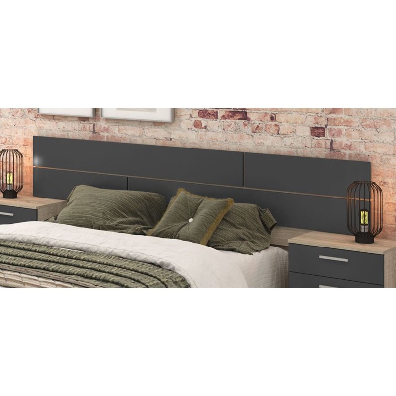Pack Cabecero y 2 Mesitas de Noche, Acabado en Cambria y Grafito, Medidas: 220 cm (An) x 50 cm (Al) x 35 cm (Fo