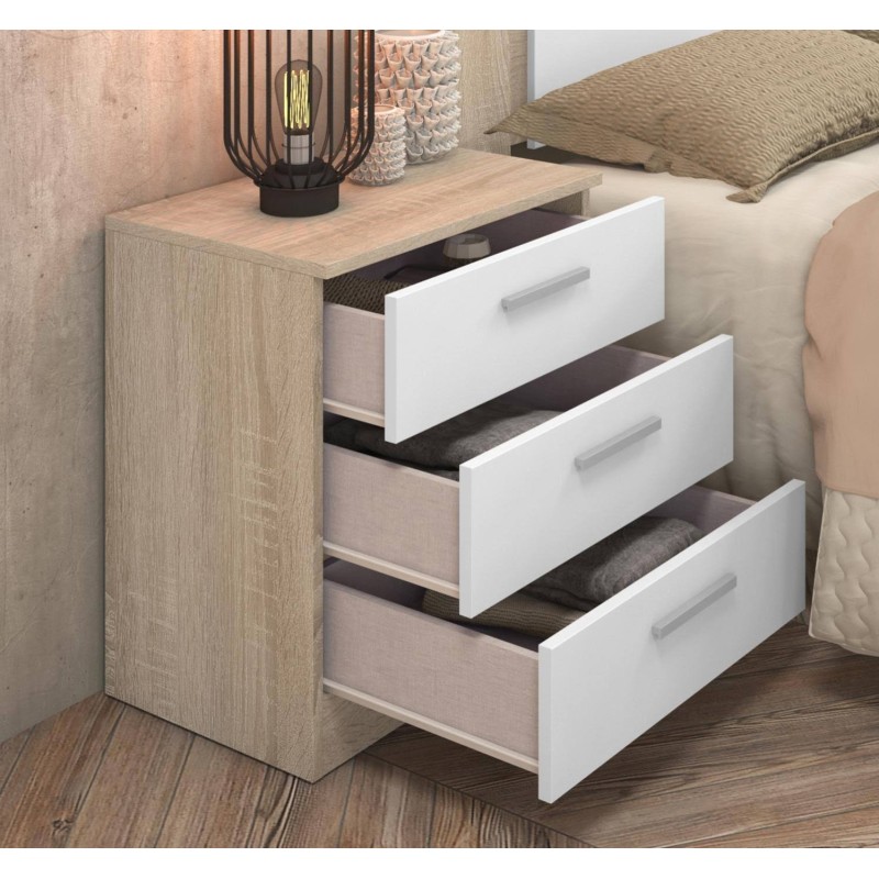 Pack Cabecero y 2 Mesitas de Noche, Acabado en Cambria y Blanco, 220 cm (An)x50 cm(Al)x 35 cm(Fon) - Meyvaser