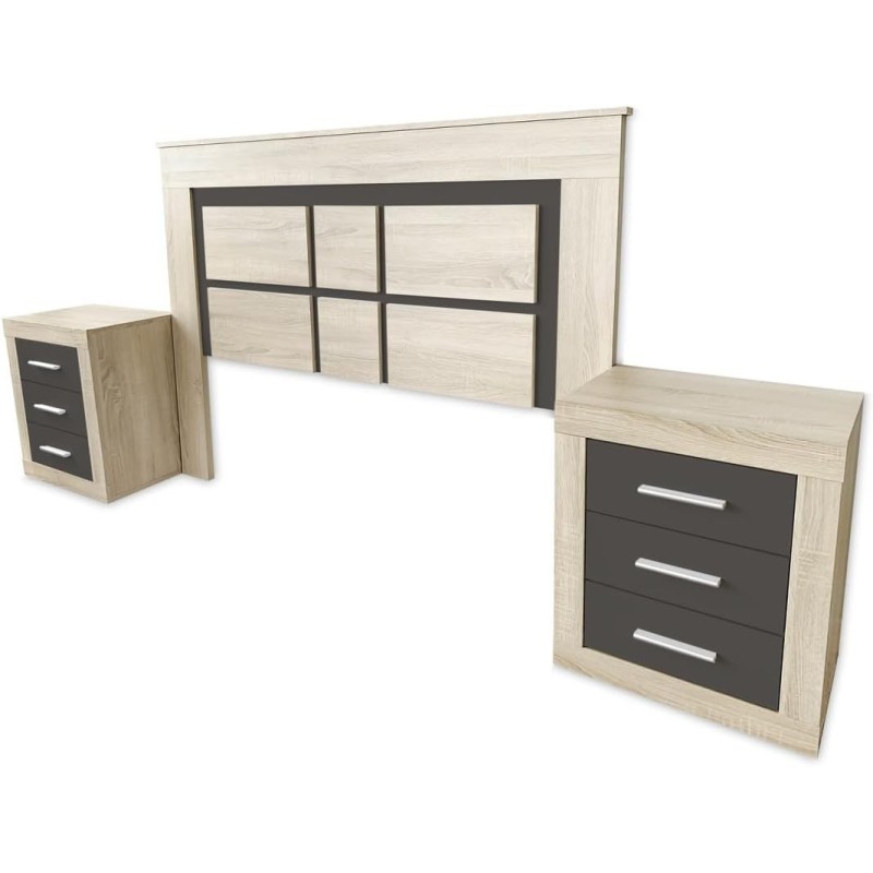 Pack Cabecero de 160 x 120 cm + 2 Mesitas de Noche| Color Cambria y Grafito (para Cama de 135-140 o 160)