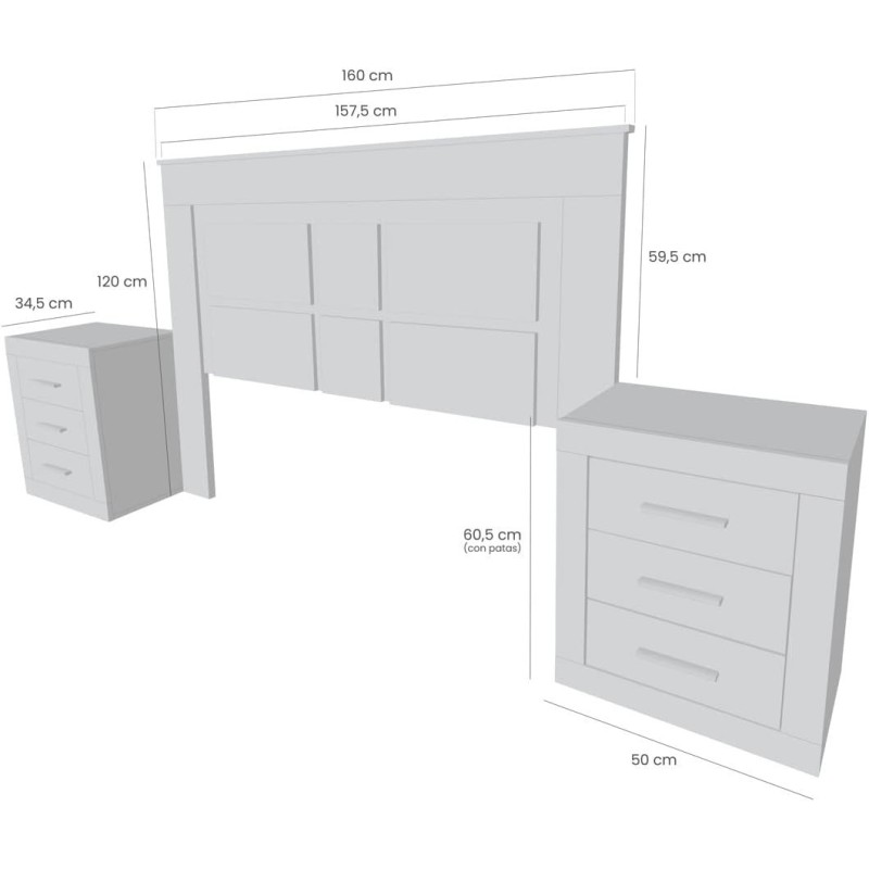 Pack Cabecero de 160 x 120 cm + 2 Mesitas de Noche | Dormitorio Completo | Color Puccini y Textil (para Cama de 135-140 o 160)
