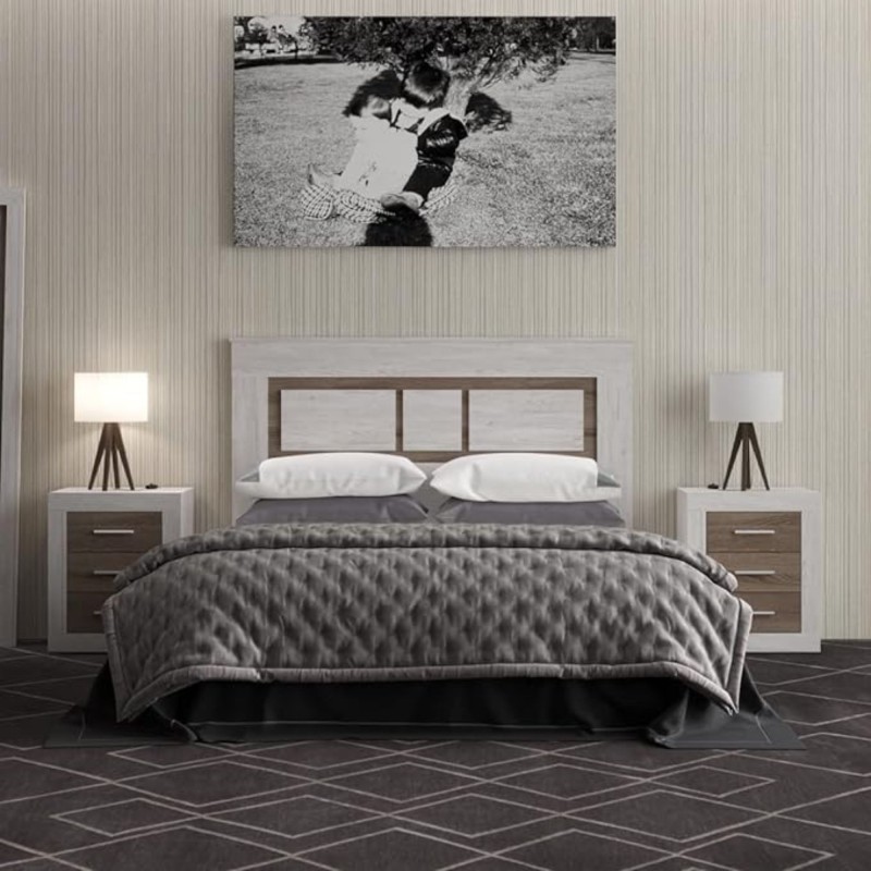 Pack Cabecero de 160 x 120 cm + 2 Mesitas de Noche, Colores Andersen y Pino Gris (para Cama de 135-140 o 160) – Meyvaser