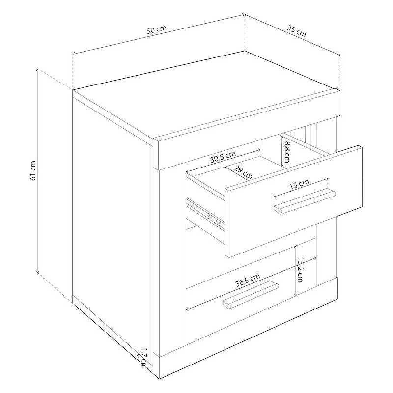 Mesita de Noche, Mesilla de Dormitorio, Color Madera, Medidas: 50 cm (Largo) x 34,6 cm (Fondo) x 60 cm (Alto)