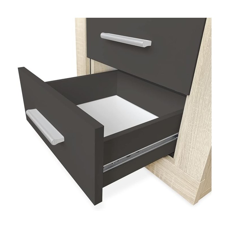 Mesita de Noche, Mesilla de Dormitorio, Color Cambria y Grafito, Medidas: 50 cm (Largo) x 34,6 cm (Fondo) x 60 cm (Alto)