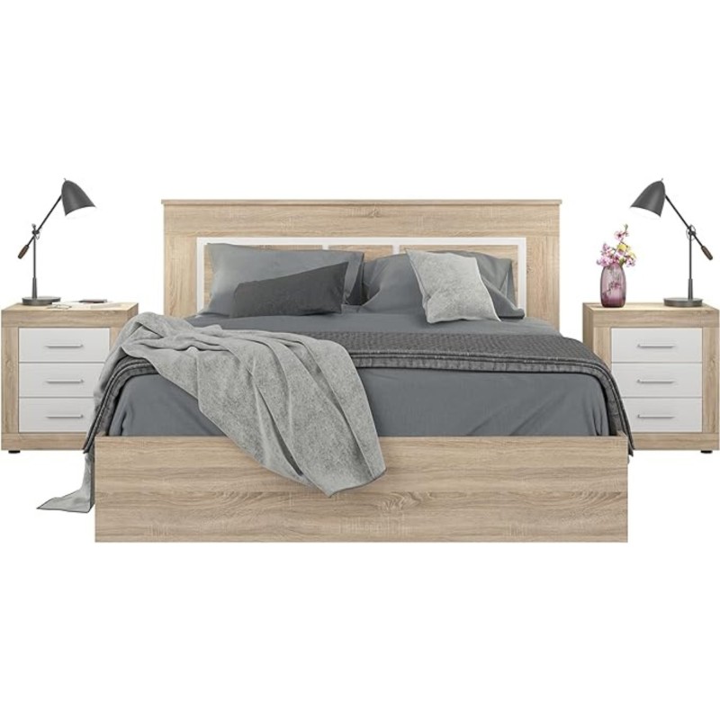 Mesita de Noche, Mesilla de Dormitorio, Acabado en Color Cambria y Blanco, Medidas: 50 cm (Lar) x 34,6 cm (Fon) x 60 cm (Al)