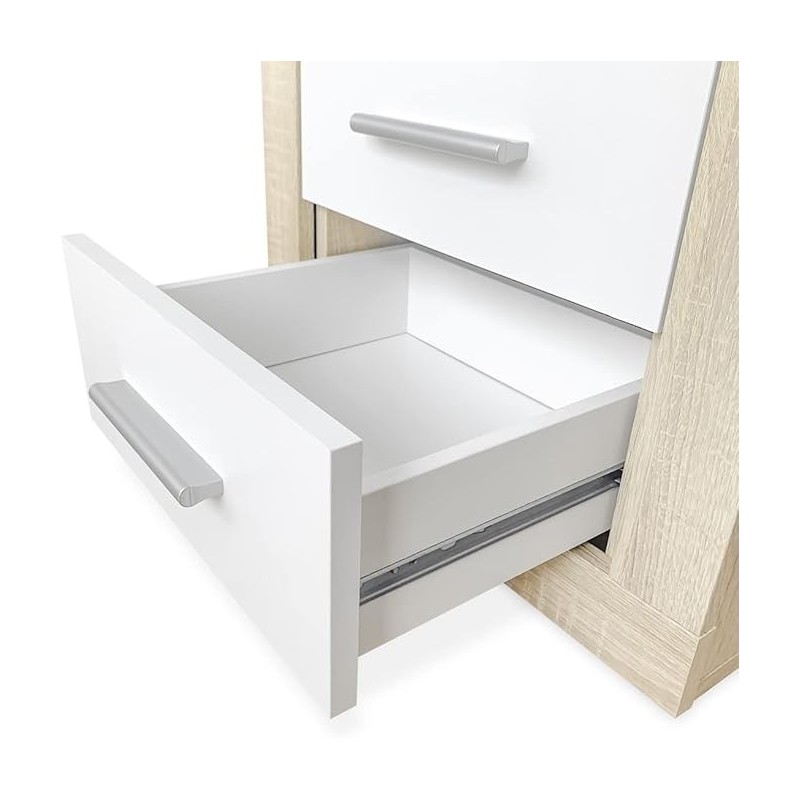 Mesita de Noche, Mesilla de Dormitorio, Acabado en Color Cambria y Blanco, Medidas: 50 cm (Lar) x 34,6 cm (Fon) x 60 cm (Al)