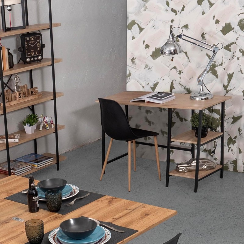 Mesa Escritorio Industrial con Estante y 2 Baldas – MDF Negro, Estructura Metálica y Roble, 110x50x75 cm