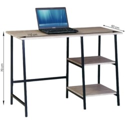 Mesa Escritorio Industrial con Estante y 2 Baldas – MDF Negro, Estructura Metálica y Roble, 110x50x75 cm