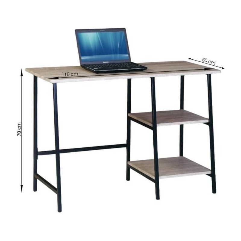 Mesa Escritorio Industrial con Estante y 2 Baldas – MDF Negro, Estructura Metálica y Roble, 110x50x75 cm