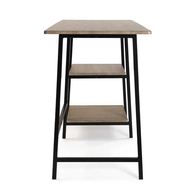 Mesa Escritorio Industrial con Estante y 2 Baldas – MDF Negro, Estructura Metálica y Roble, 110x50x75 cm