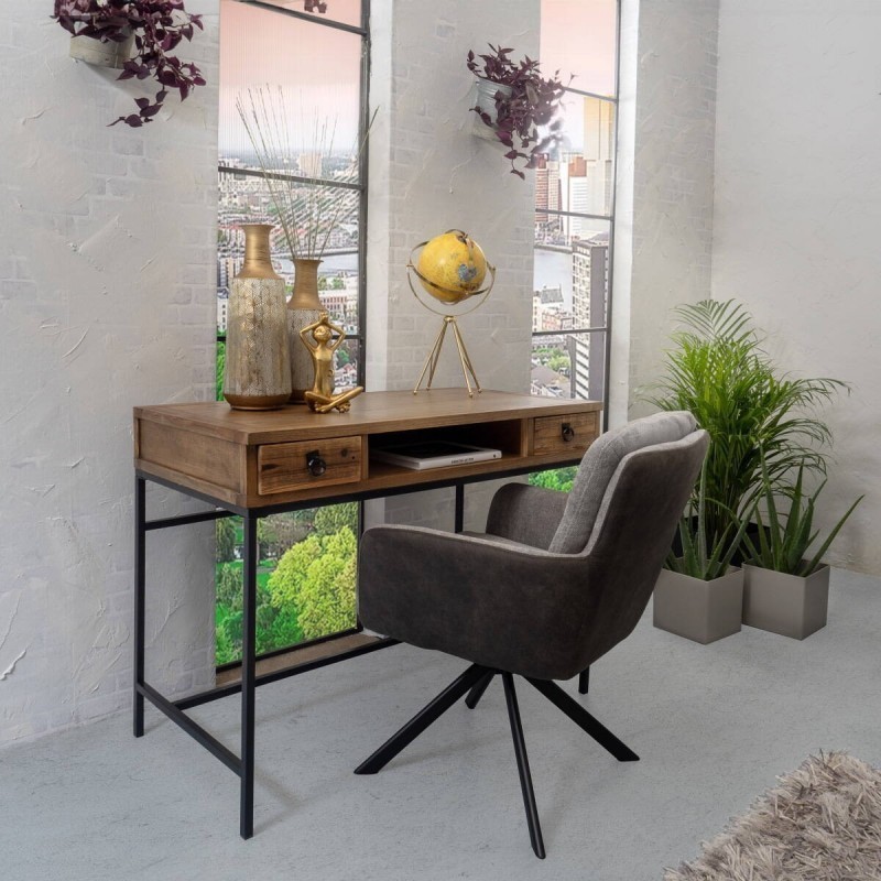 Escritorio Moderno Color Nogal con 2 Cajones y Patas Metálicas Negras – Diseño Elegante y Estable, 112x56x84 cm