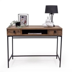 Escritorio Moderno Color Nogal con 2 Cajones y Patas Metálicas Negras – Diseño Elegante y Estable, 112x56x84 cm