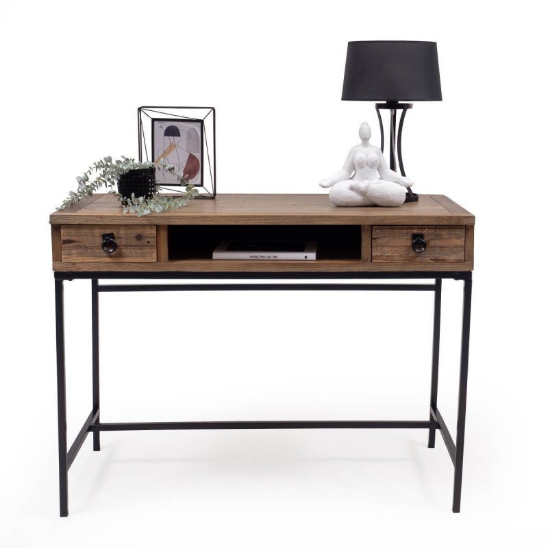 Escritorio Moderno Color Nogal con 2 Cajones y Patas Metálicas Negras – Diseño Elegante y Estable, 112x56x84 cm