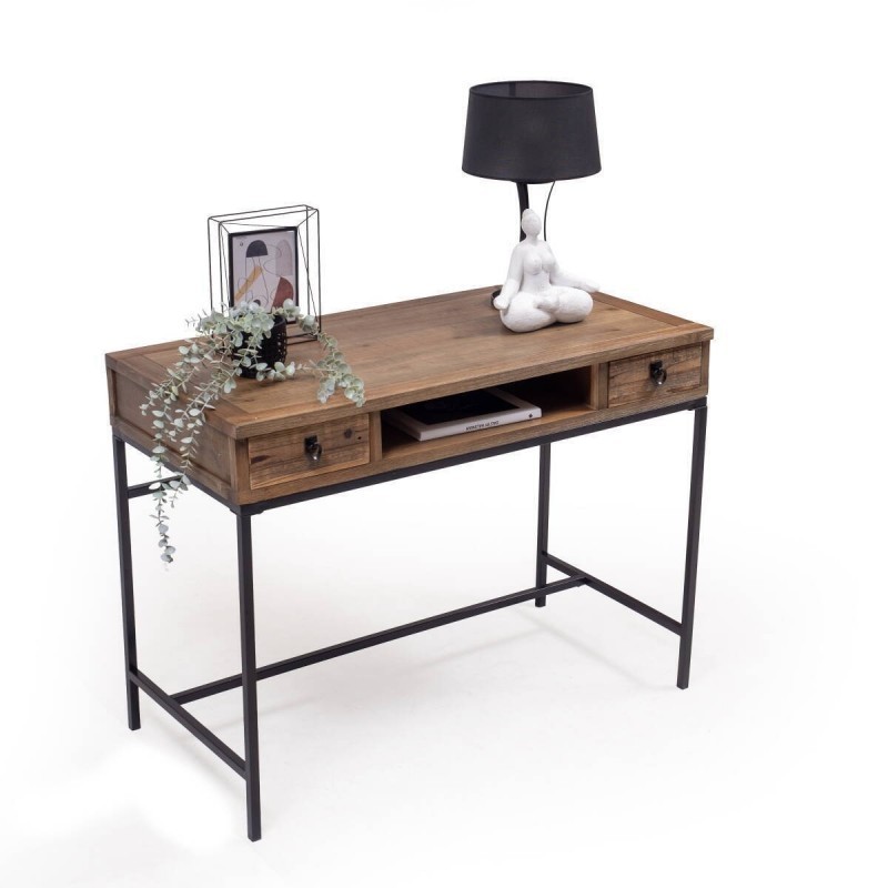 Escritorio Moderno Color Nogal con 2 Cajones y Patas Metálicas Negras – Diseño Elegante y Estable, 112x56x84 cm