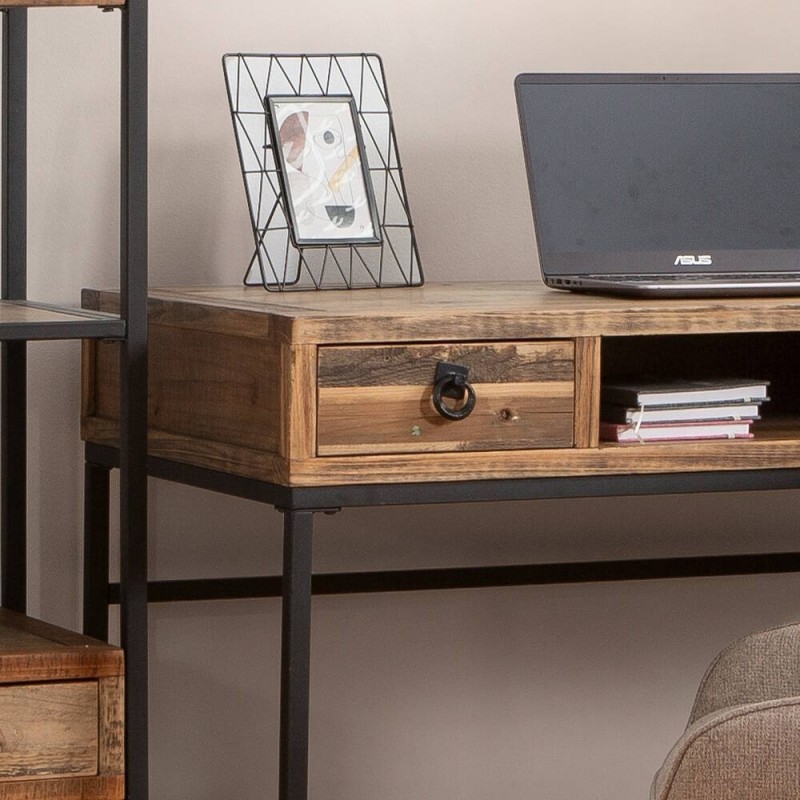 Escritorio Moderno Color Nogal con 2 Cajones y Patas Metálicas Negras – Diseño Elegante y Estable, 112x56x84 cm