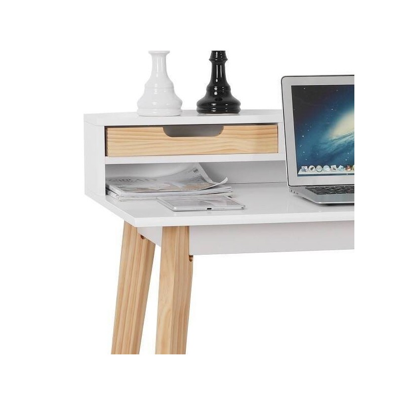 Mesa de Estudio - Escritorio con Encimera MDF Lacado en Blanco Mate y Patas de Pino Macizo – 120x60x90 cm
