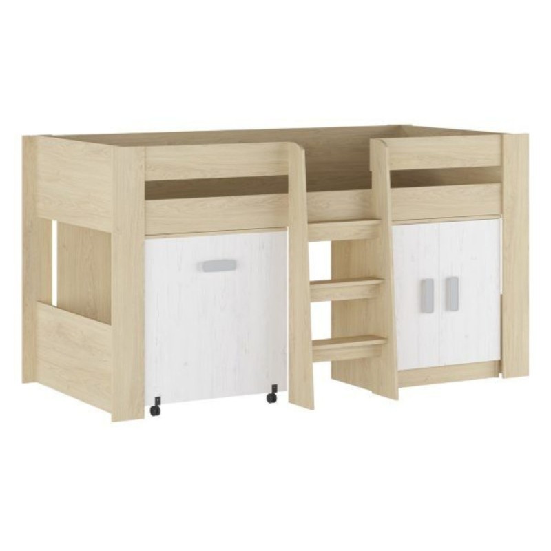 Cama Alta Juvenil con Escritorio y Armario Inferior 208,6 × 115,1 × 110,6 cm Color Blanco y Roble.