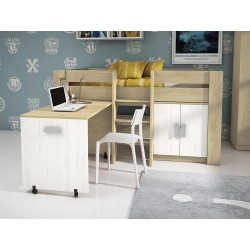 Cama Alta Juvenil con Escritorio y Armario Inferior 208,6 × 115,1 × 110,6 cm Color Blanco y Roble.