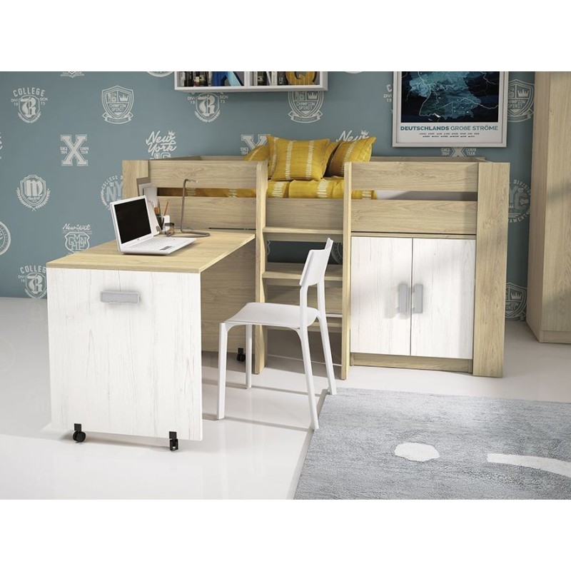 Cama Alta Juvenil con Escritorio y Armario Inferior 208,6 × 115,1 × 110,6 cm Color Blanco y Roble.