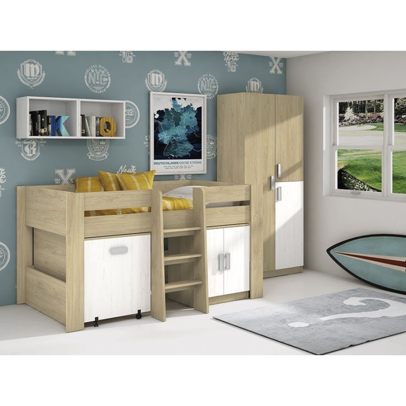 Cama Alta Juvenil con Escritorio y Armario Inferior 208,6 × 115,1 × 110,6 cm Color Blanco y Roble.