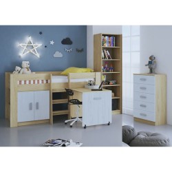 Cama Alta Juvenil con Escritorio y Armario Inferior 208,6 × 115,1 × 110,6 cm Color Blanco y Roble.