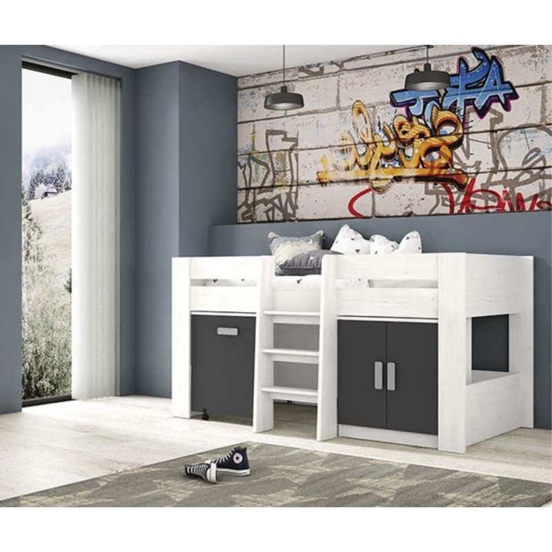 Cama Alta Juvenil con Escritorio y Armario Inferior 208,6 × 115,1 × 110,6 cm Color Blanco y Grafito