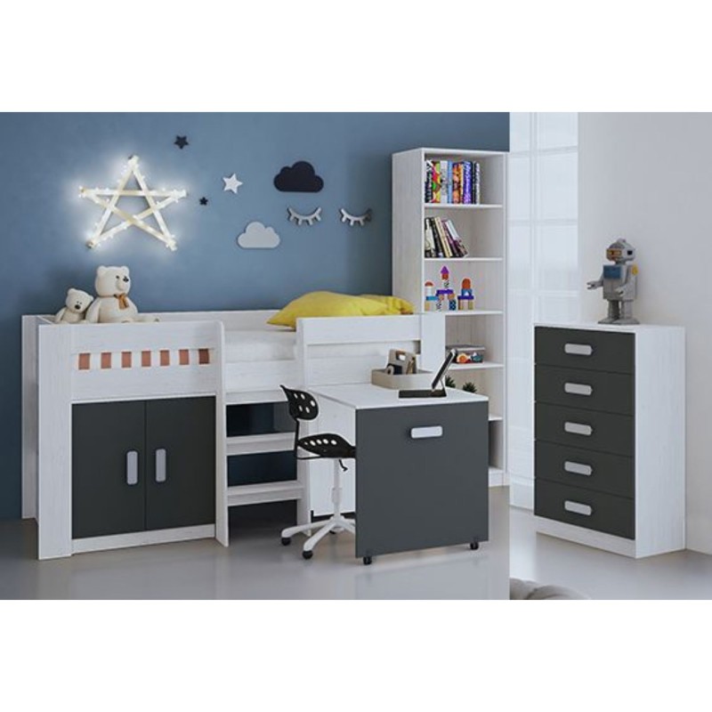 Cama Alta Juvenil con Escritorio y Armario Inferior 208,6 × 115,1 × 110,6 cm Color Blanco y Grafito