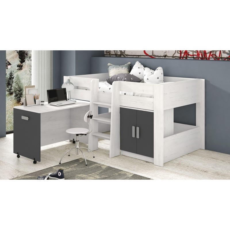Cama Alta Juvenil con Escritorio y Armario Inferior 208,6 × 115,1 × 110,6 cm Color Blanco y Grafito