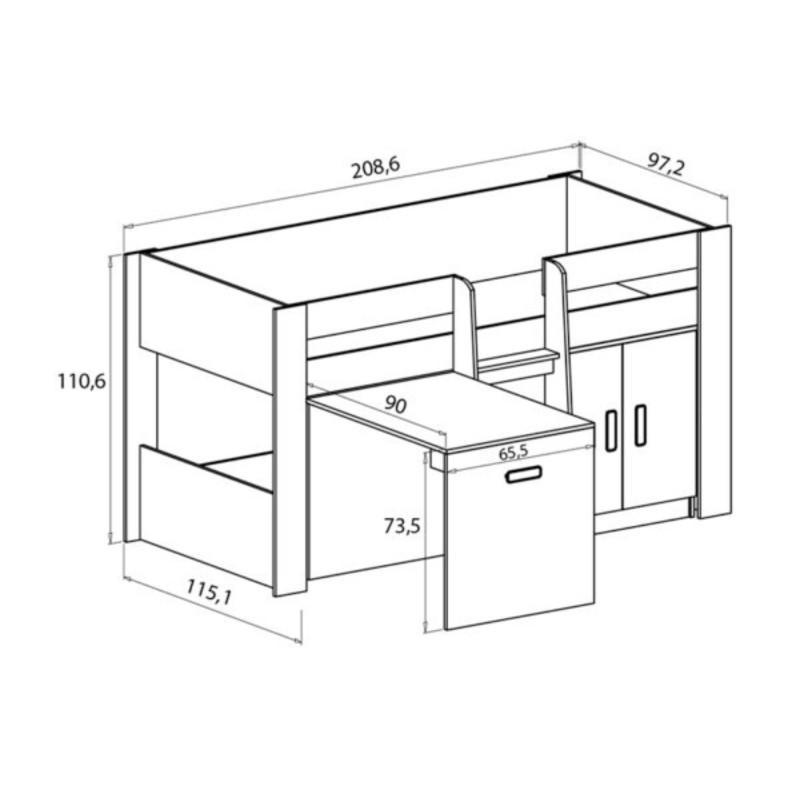 Cama Alta Juvenil con Escritorio y Armario Inferior 208,6 × 115,1 × 110,6 cm Color Blanco y Grafito