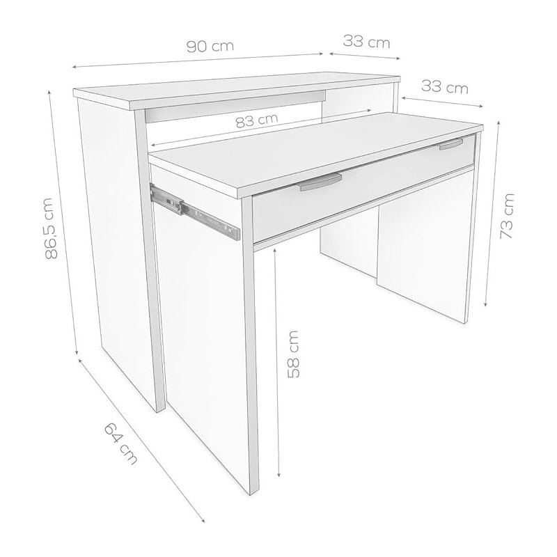 Mesa Escritorio Extensible, Color Blanco, Medidas: 90 cm (Largo) x 33-63,4 cm (Ancho) x 87,5 cm (Alto)